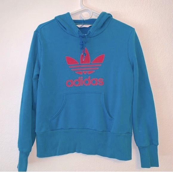 adidas Other - ADIDAS HOODIE SWEATSHIRT BLUE PINK LOGO KIDS LONG SLEEVE POUCH POCKET